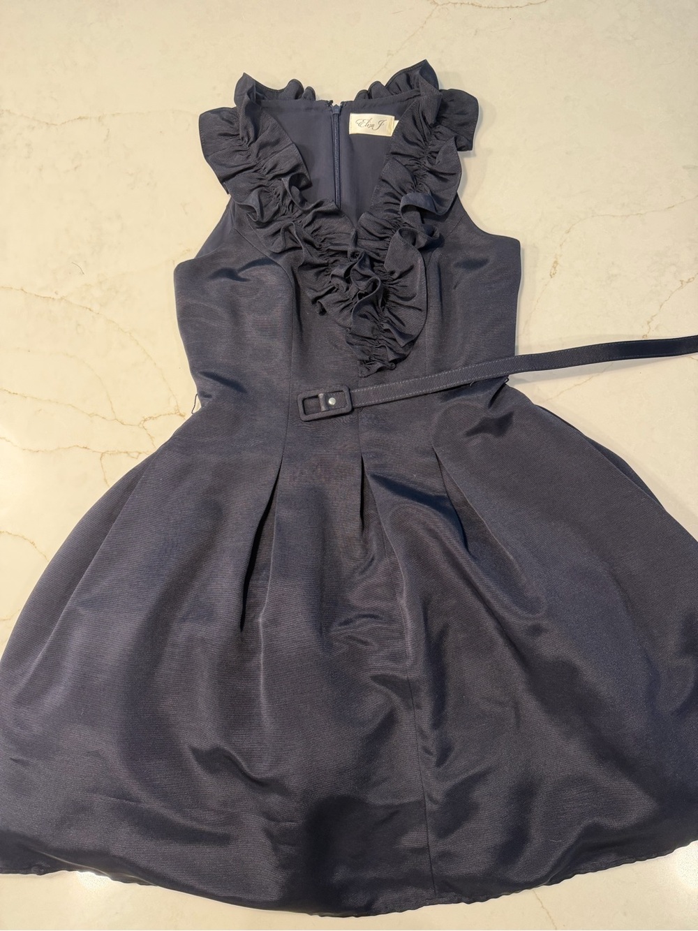 Eliza J Navy Ruffled V-Neck Party Dress with Belt